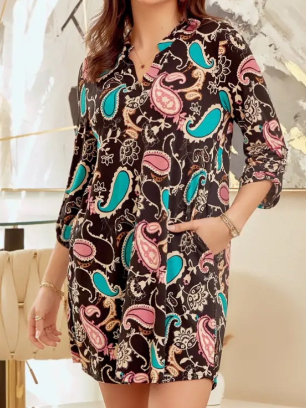 Paisley V-Neck Long Sleeve Dress in Black with Teal & Pink